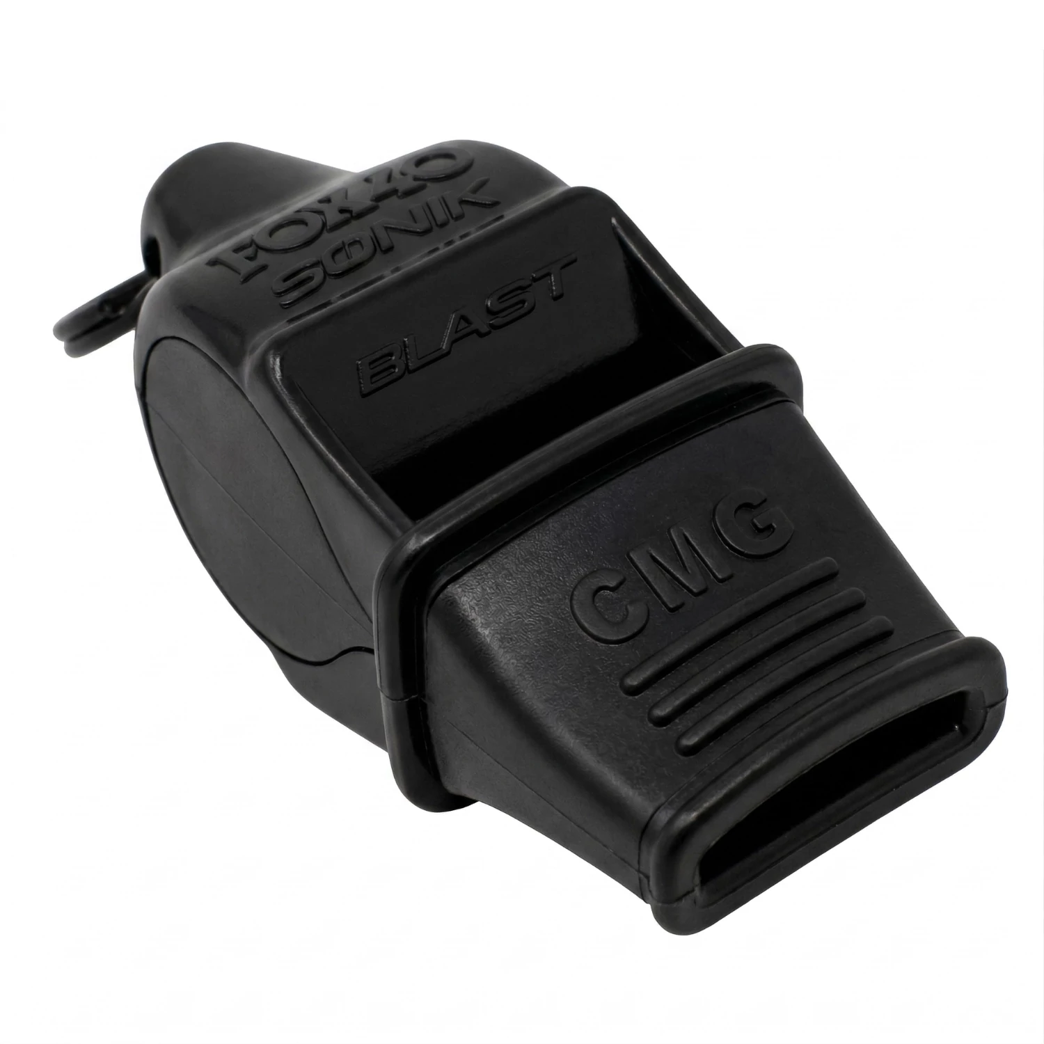 Черна съдийска свирка с щадящ зъбите накрайник FOX40 SONIK BLAST CMG BLACK